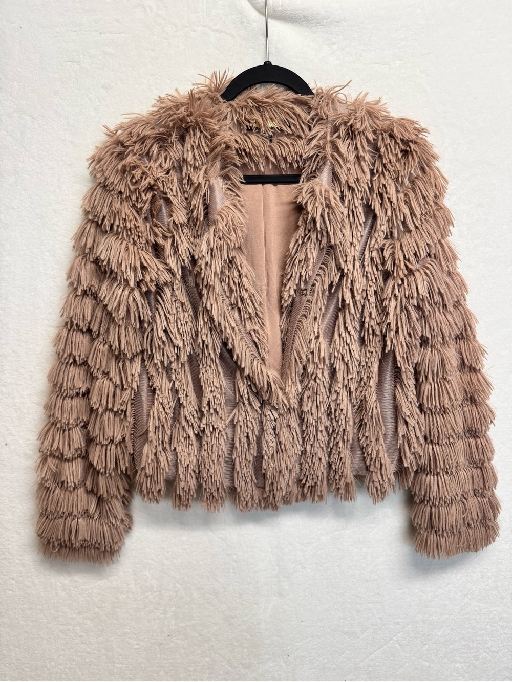 Greylin Jacket Medium Faux Fur Shaggy Beige Hook N Eye Closure Cozy Statement